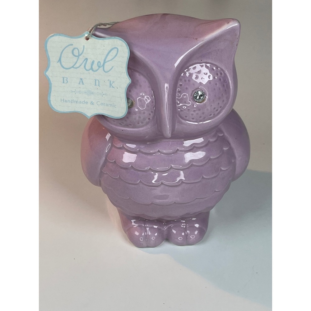 Handmade Ceramic Owl Bank Purple Lavender Glazed Rhinestone Eyes Coin Bank PB180